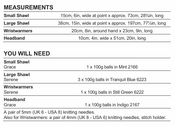 Stylecraft Serene/Grace Aran Accessories, Wrist warmers, Headband, Shawl Pattern 10176