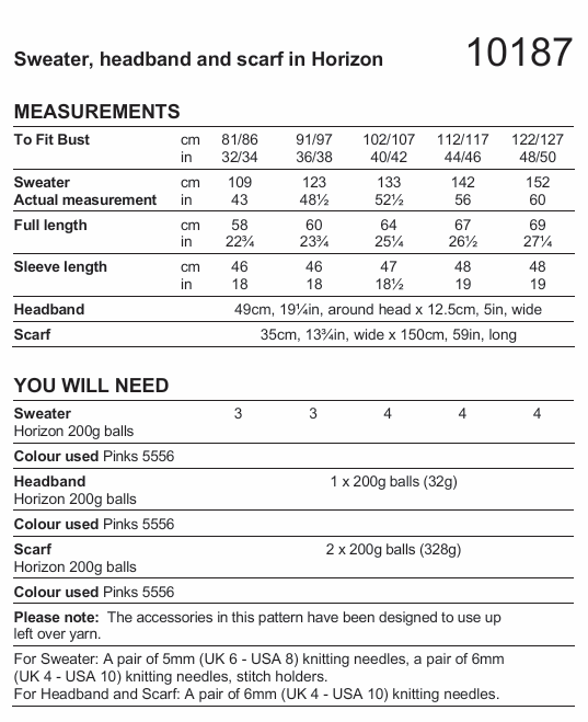 Stylecraft Horizon Chunky Sweater, Headband & Scarf Pattern 10187