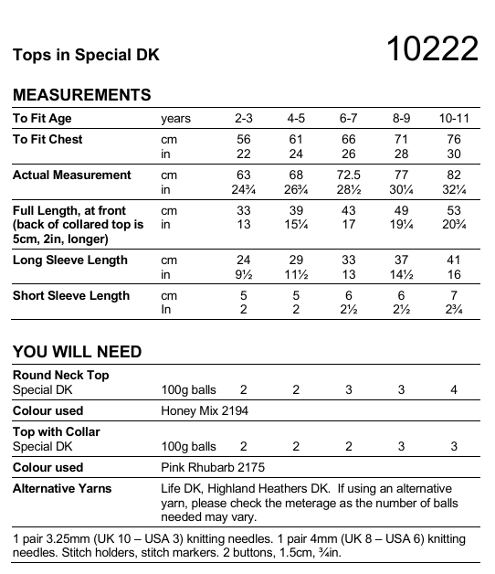 Stylecraft Special DK Tops Pattern 10222
