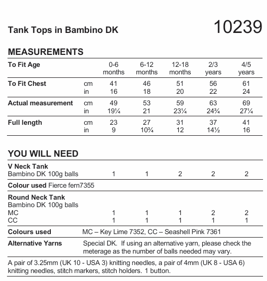 Stylecraft Bambino DK Tank Tops Pattern 10239
