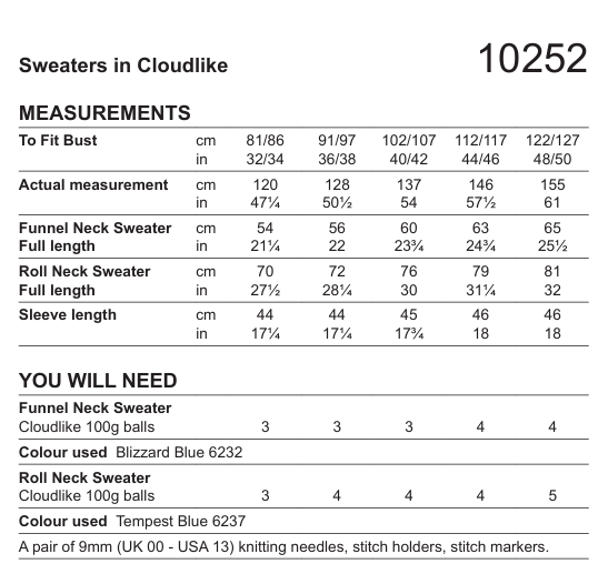 Stylecraft Cloudlike Super Chunky Sweaters Pattern 10252