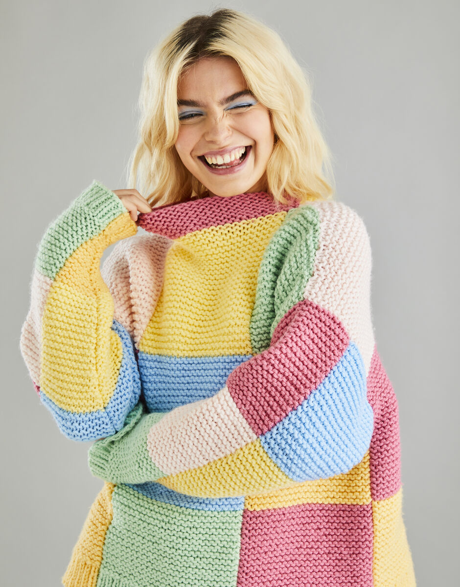 Hayfield Bonus Chunky Patchwork Funnel Neck Sweater Pattern 10601