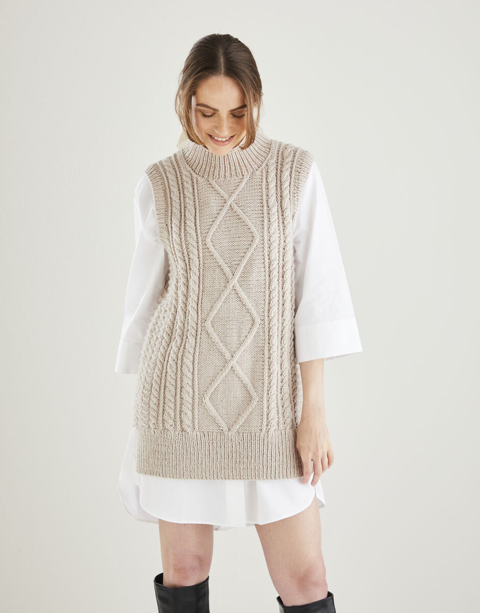 Hayfield Bonus Aran Sleevless Cable Tunic Pattern 10608