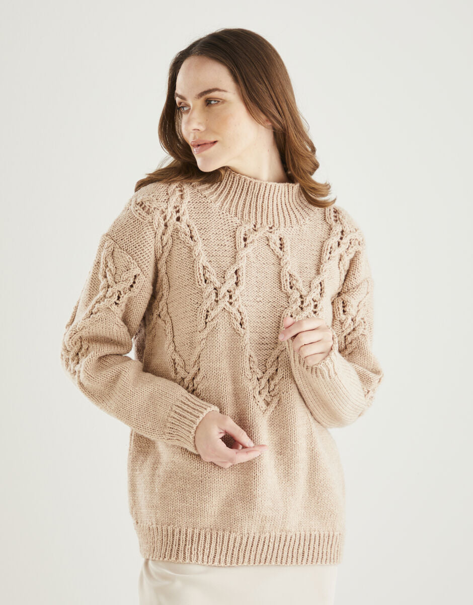 Hayfield Bonus Aran Eyelet Lace Sweater Pattern 10610