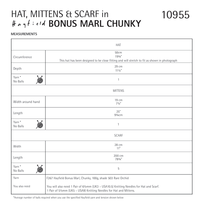 Sirdar Hayfield Bonus Marl Chunky Together Hat, Scarf & Mitts Pattern 10955