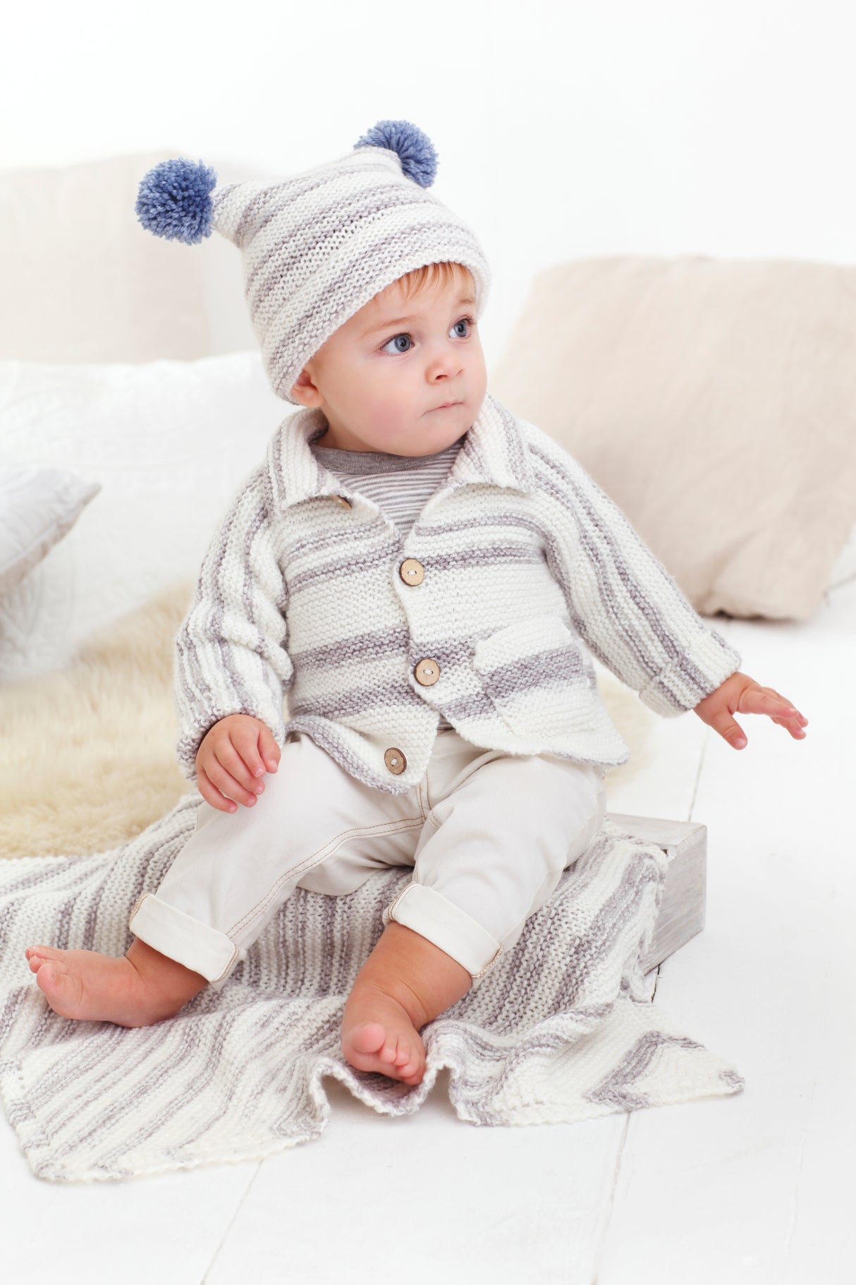 King Cole Stripe DK Cardigan, Hat & Blanket Pattern 5593