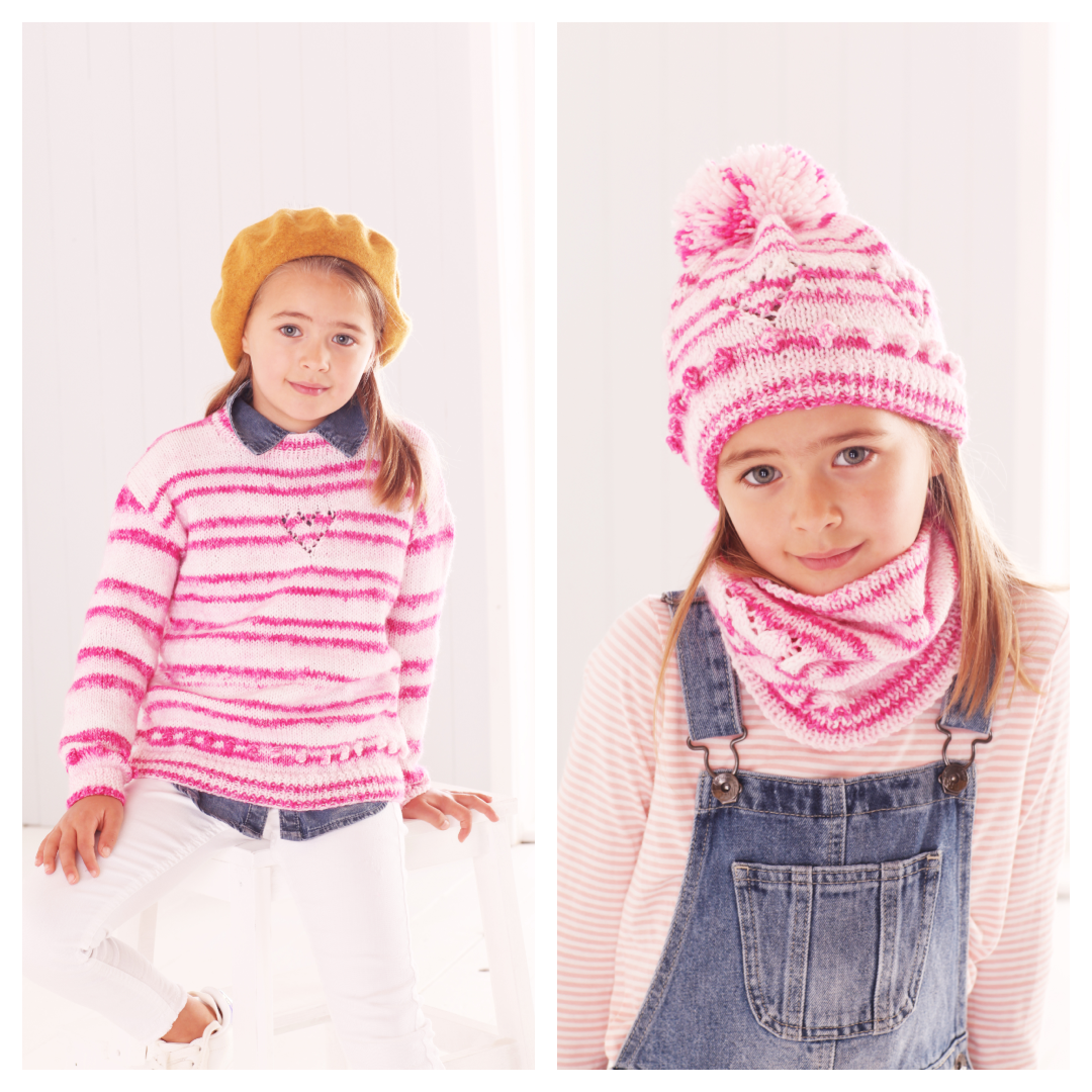 King Cole Stripe DK Sweater, Snood and Hat Pattern 5594