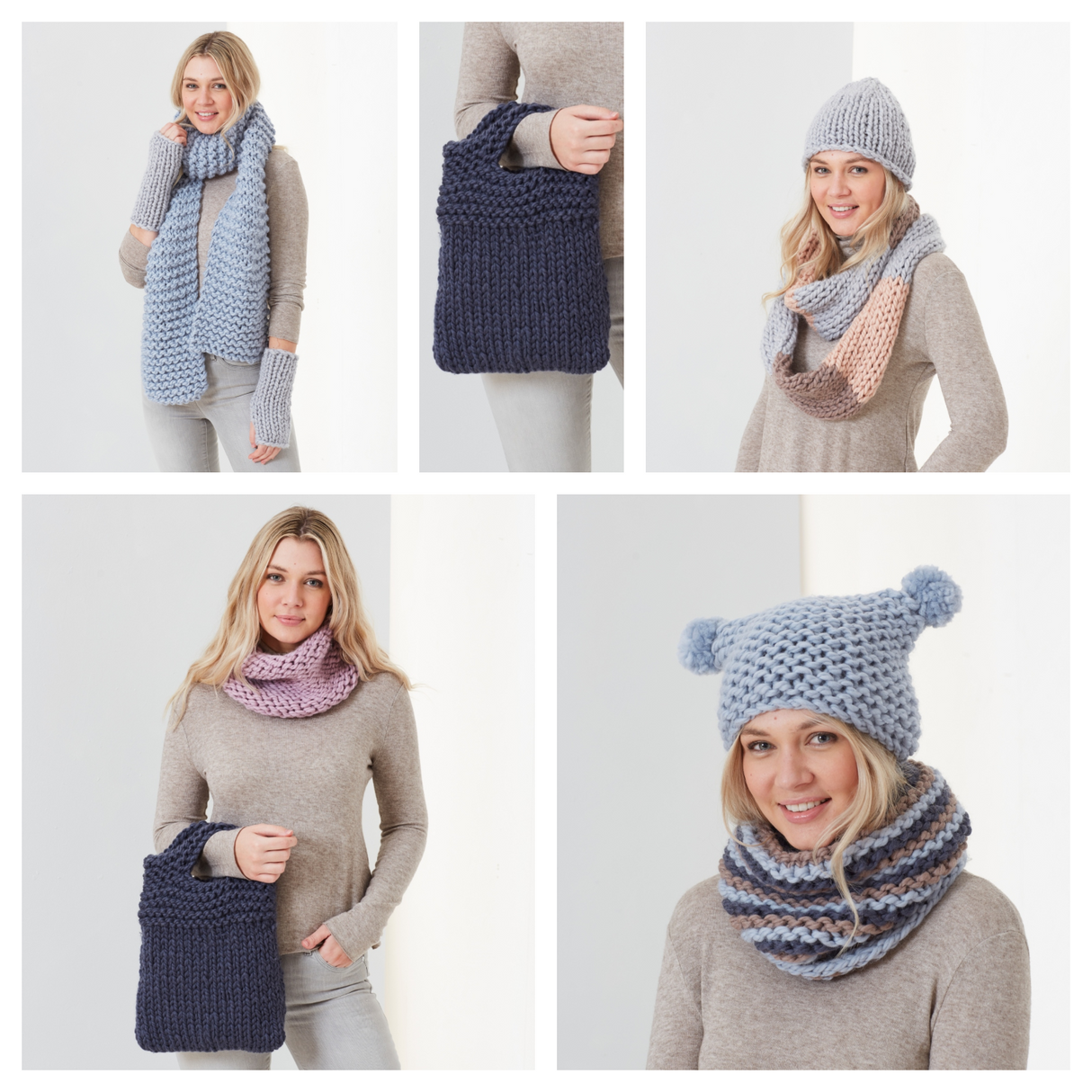 King Cole Rosarium Mega Chunky Hats, Snoods, Wristwarmers, Scarf & Bag Pattern 5755