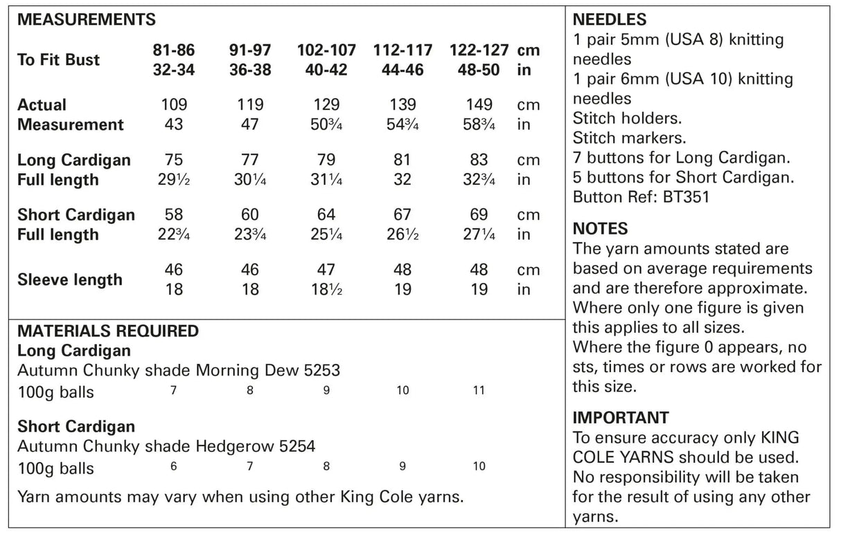 King Cole Autumn Chunky Cardigan Pattern 5812