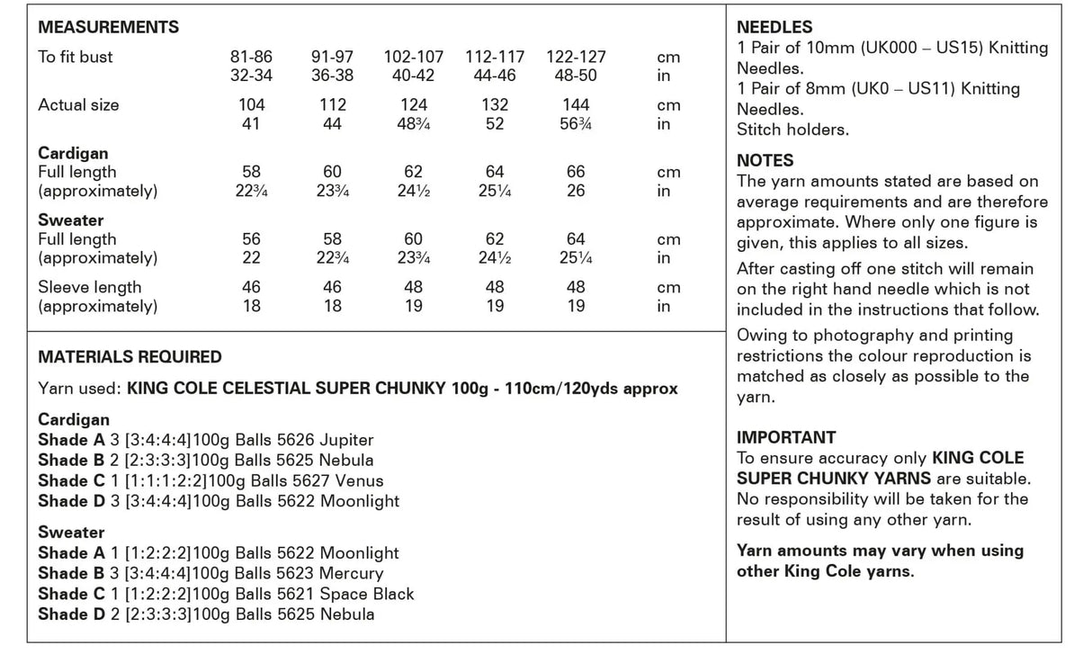 King Cole Celestial Super Chunky Cardigan and Sweater Pattern 6063*