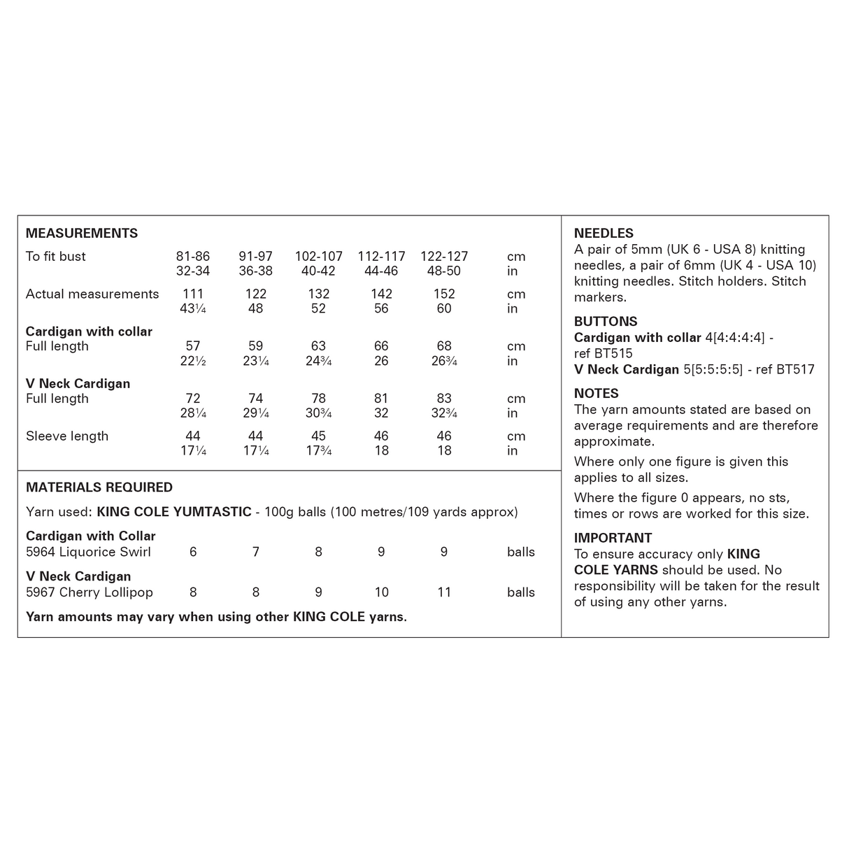 King Cole Yumtastic Chunky Women's Cardigans Pattern 6254