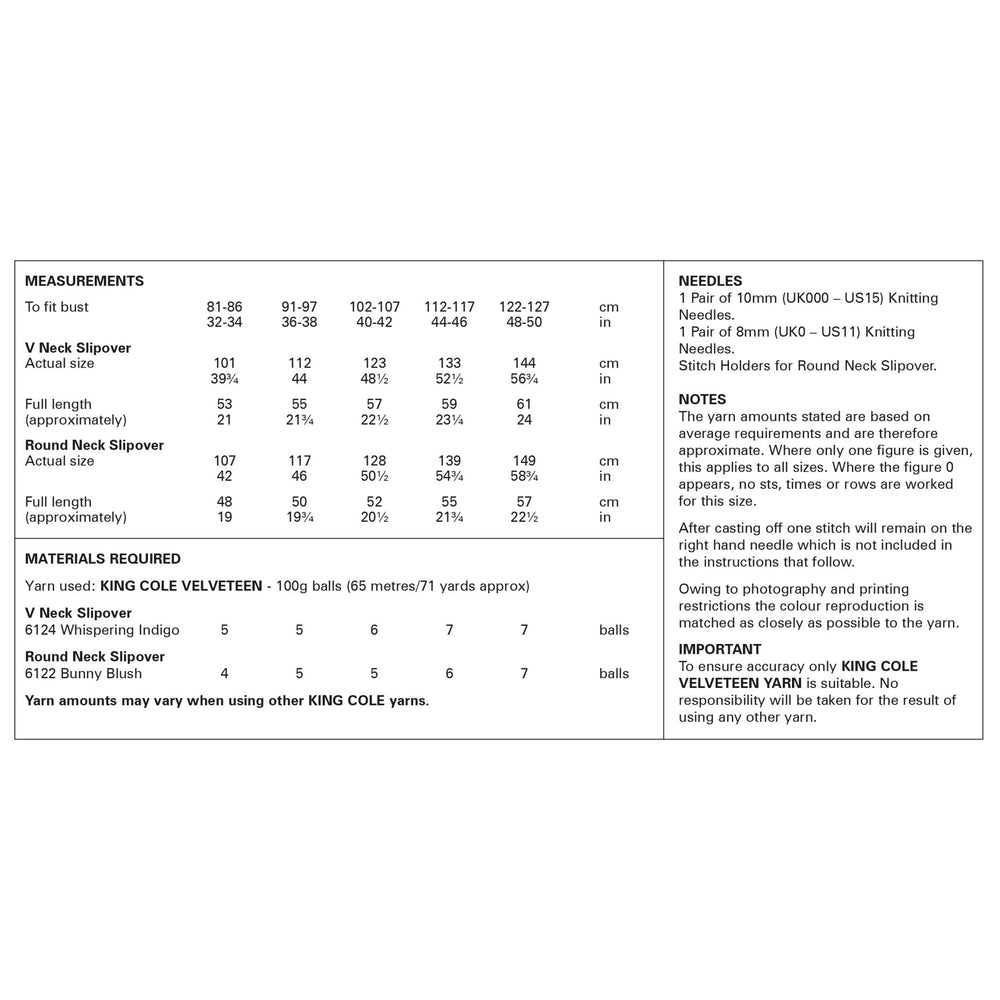King Cole Velveteen Super Chunky Slipover Pattern 6319
