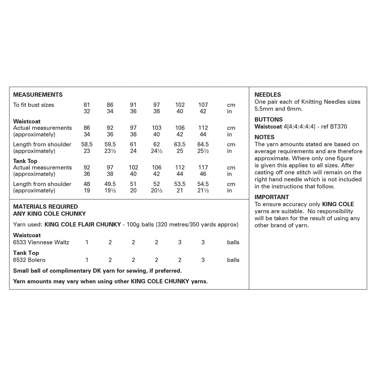 King Cole Flair Chunky Waistcoat & Tank Top Pattern 6382