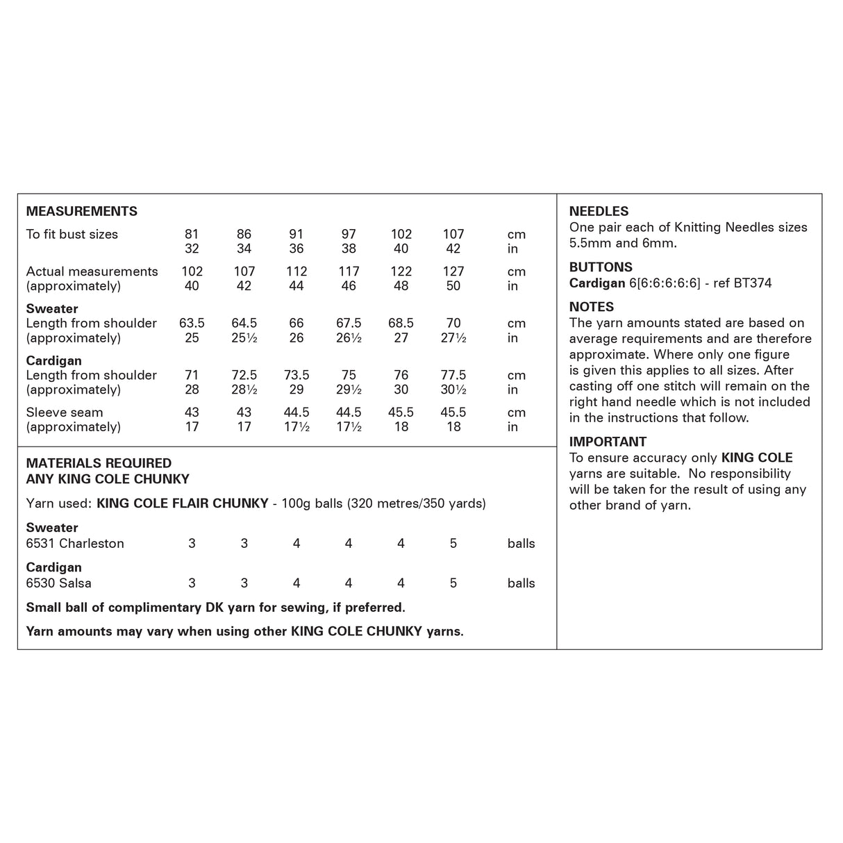 King Cole Flair Chunky Sweater & Cardigan Pattern 6384