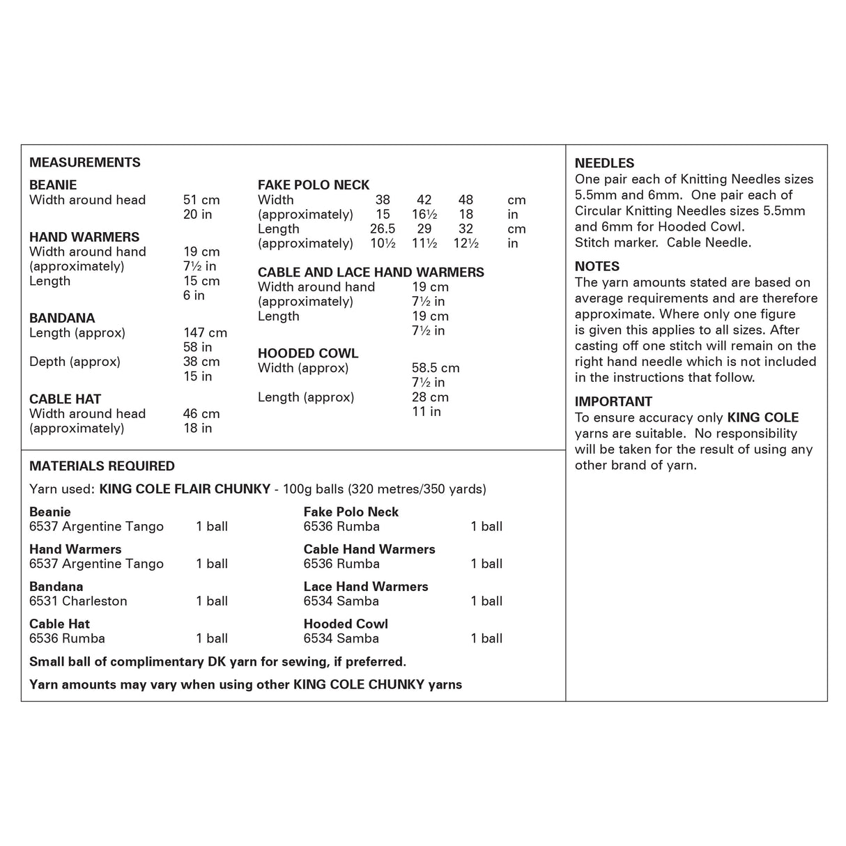King Cole Flair Chunky Accessories Pattern 6387