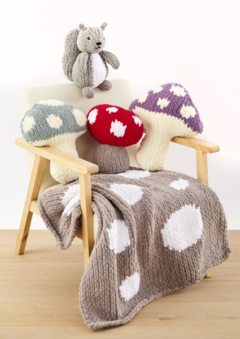 King Cole Jumbo Toastie Toadstool Cushion, Door Stop, Blanket & Squirrel Toy Pattern 6388