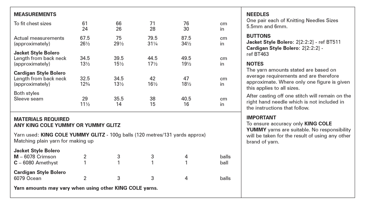 King Cole Yummy Glitz Chunky Boleros Knitting Pattern 6390