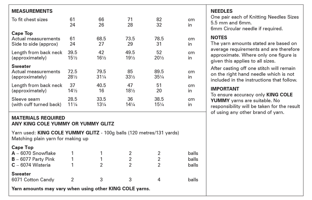 King Cole Yummy Glitz Chunky Cape Top and Sweater Knitting Pattern 6391