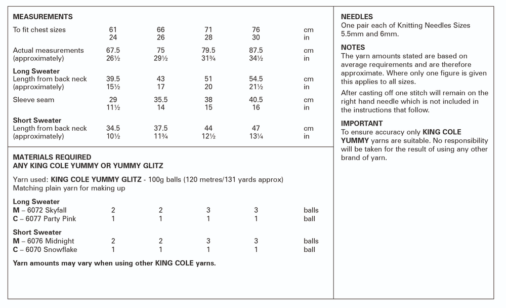 King Cole Yummy Glitz Chunky Sweaters Knitting Pattern 6392