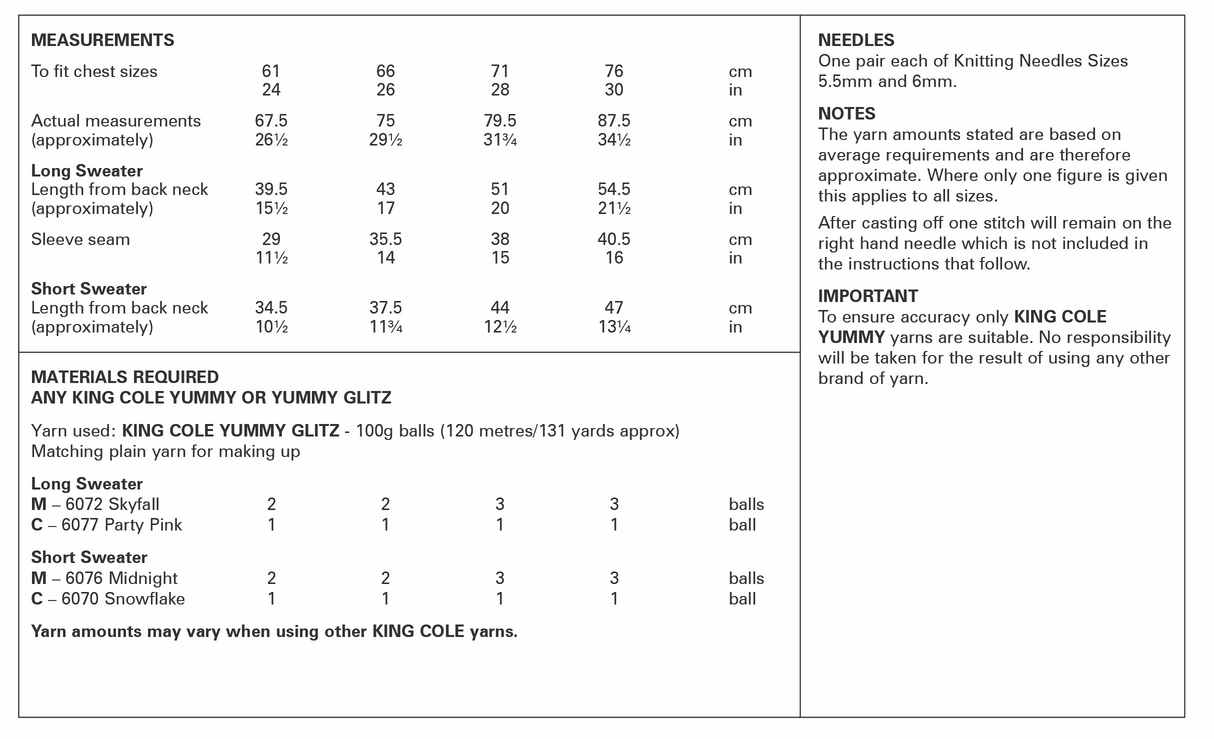King Cole Yummy Glitz Chunky Sweaters Knitting Pattern 6392