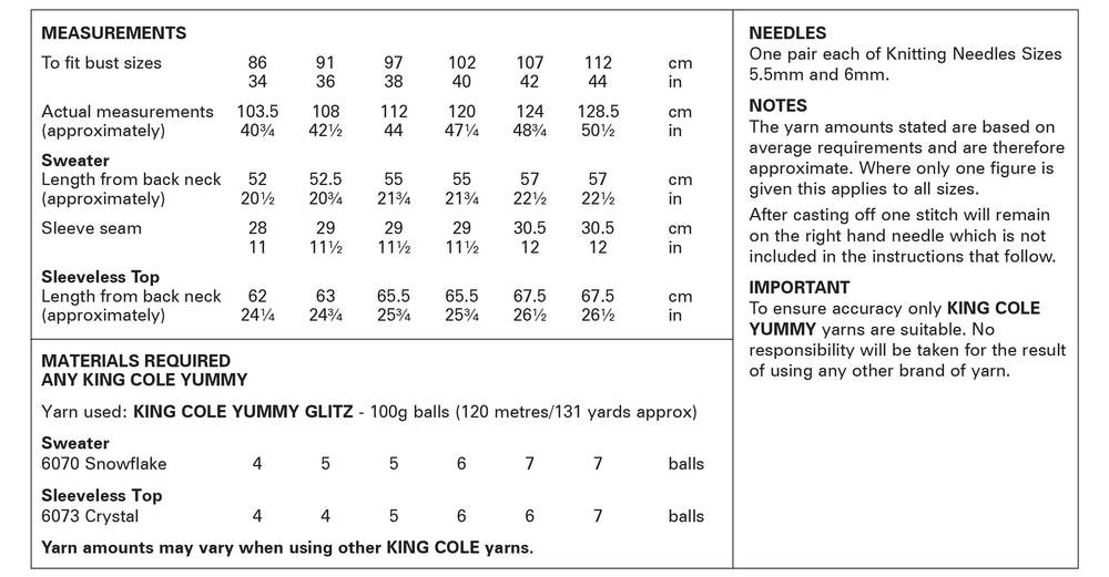 King Cole Yummy Glitz Chunky Sweater and Sleeveless Top Knitting Pattern 6395