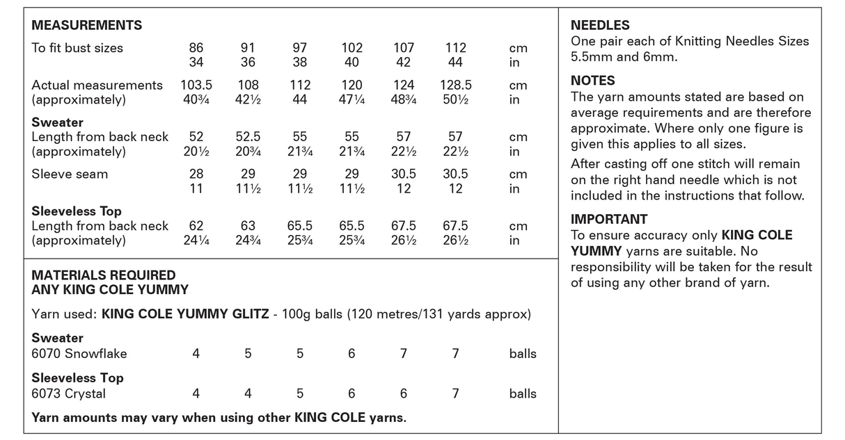 King Cole Yummy Glitz Chunky Sweater and Sleeveless Top Knitting Pattern 6395