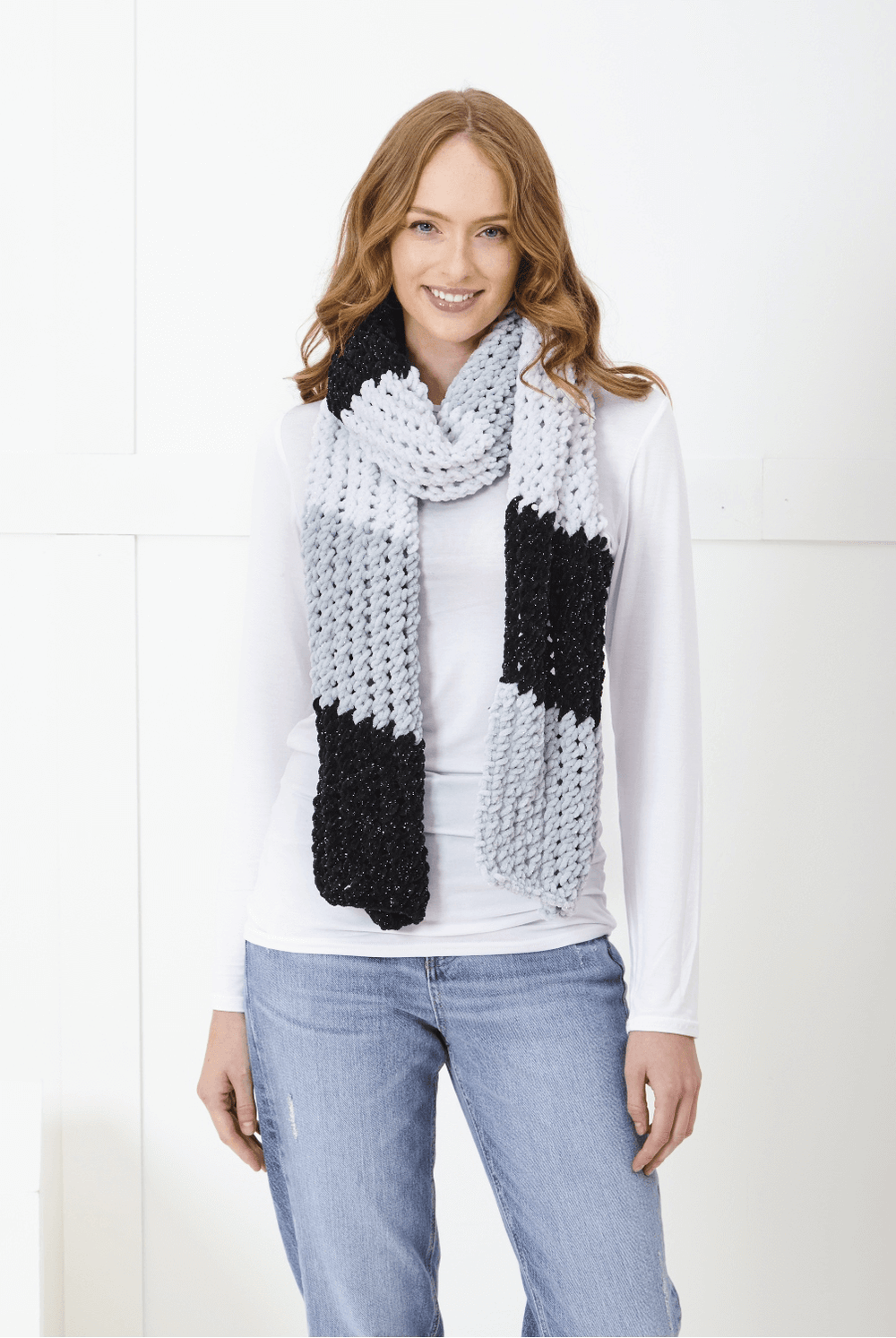 King Cole Yummy Glitz Chunky Scarves, Cowl, Shrug Wrap and Hat Knitting Pattern 6396