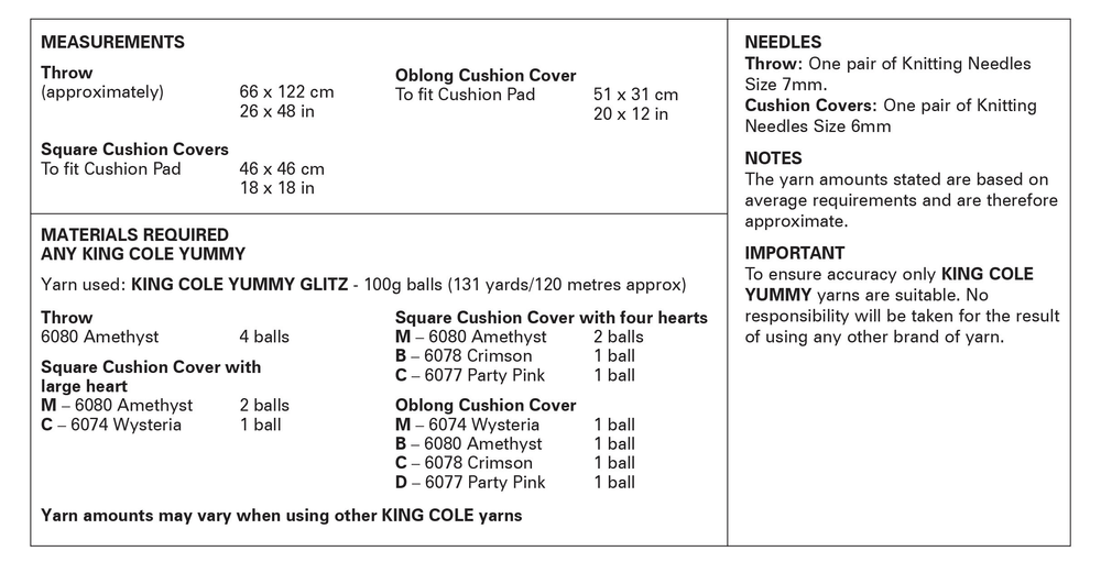 King Cole Yummy Glitz Chunky Throw and Cushion Covers Knitting Pattern 6397