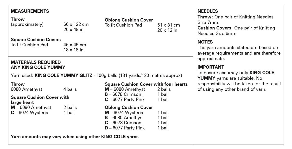 King Cole Yummy Glitz Chunky Throw and Cushion Covers Knitting Pattern 6397