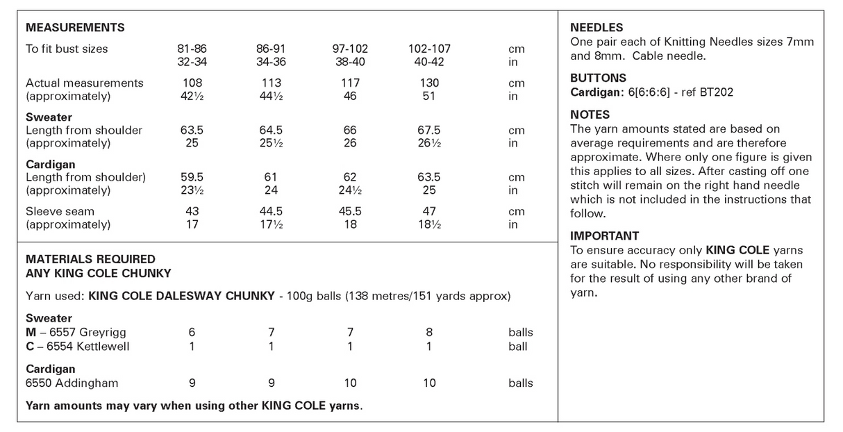 King Cole Dalesway Chunky Sweater and Cardigan Pattern 6411