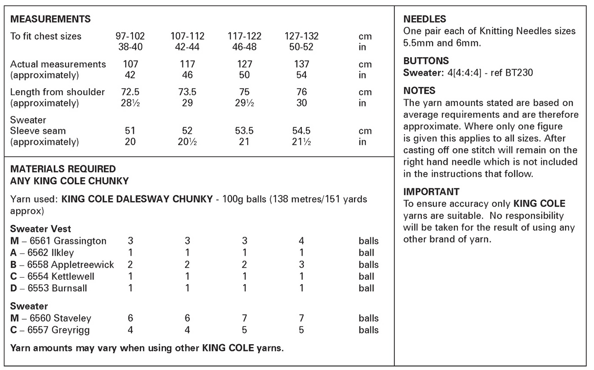 King Cole Dalesway Chunky Sweater Vest and Sweater Pattern 6414