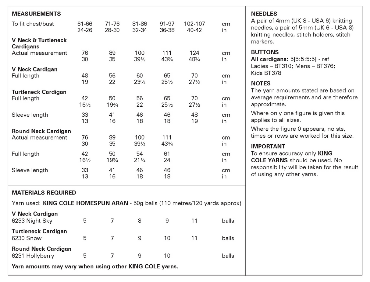 King Cole Homespun Aran Cardigans Pattern 6417