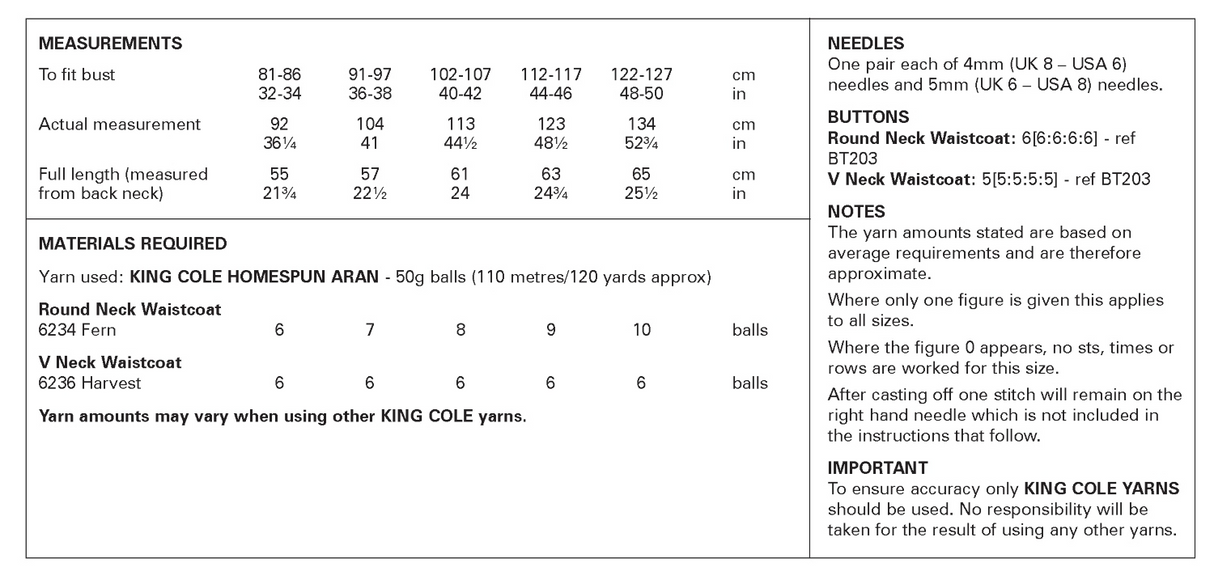 King Cole Homespun Aran Waistcoats Pattern 6421