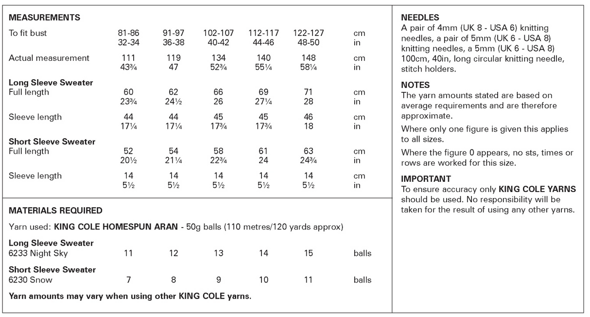 King Cole Homespun Aran Sweaters Pattern 6422