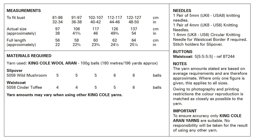 King Cole Wool Aran Slipover & Waistcoat Pattern 6428