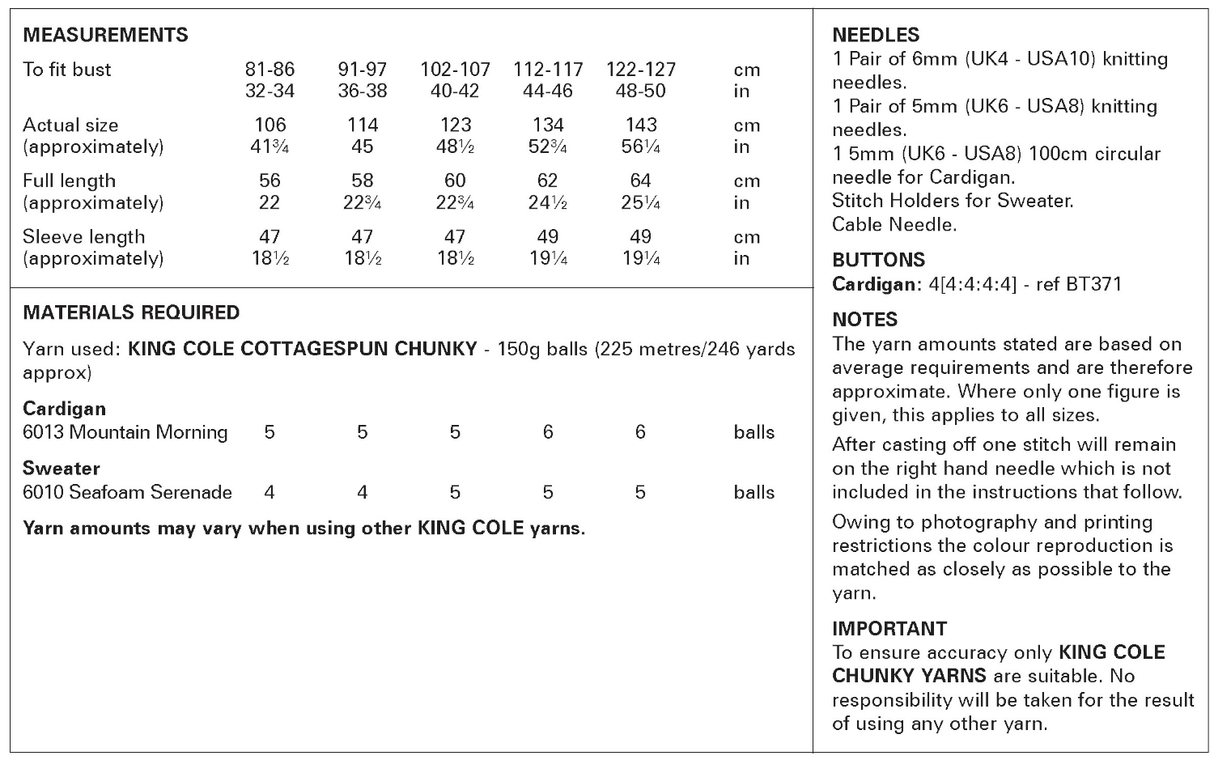 King Cole Cottagespun Chunky Cardigan and Sweater Pattern 6430