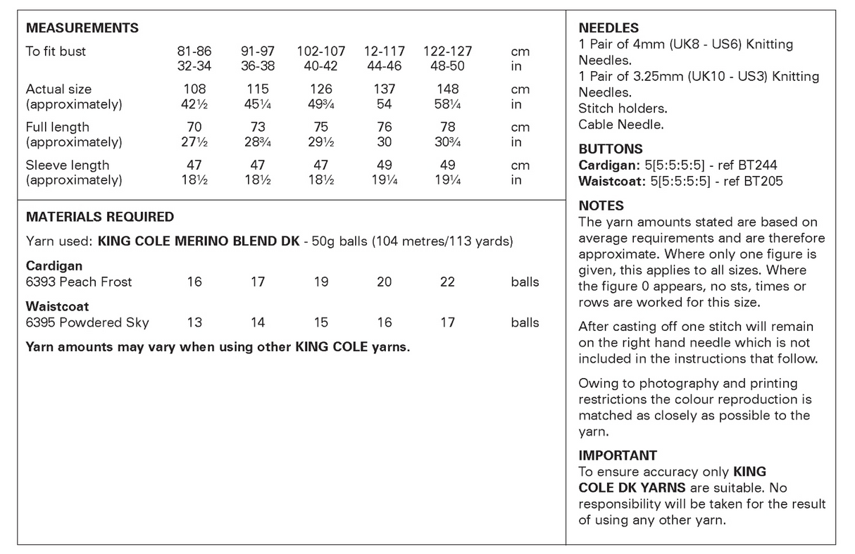 King Cole Merino Blend DK Cardigan and Waistcoat Pattern 6431