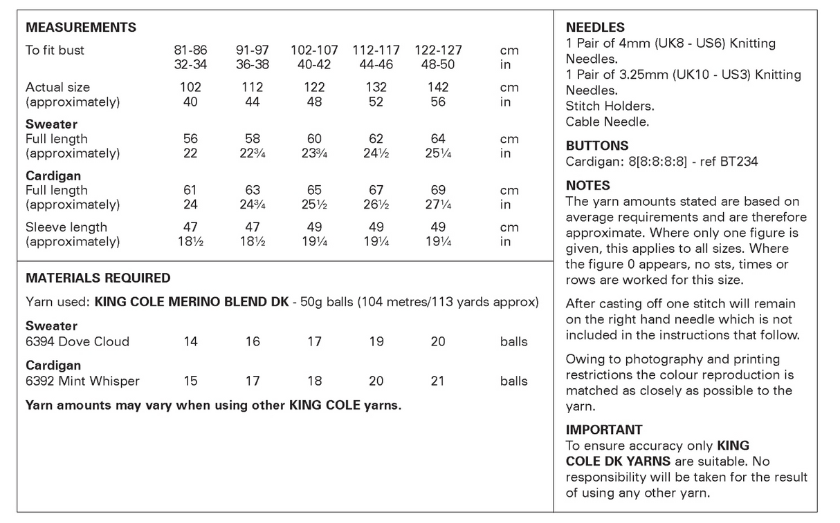 King Cole Merino Blend DK Sweater and Cardigan Pattern 6432