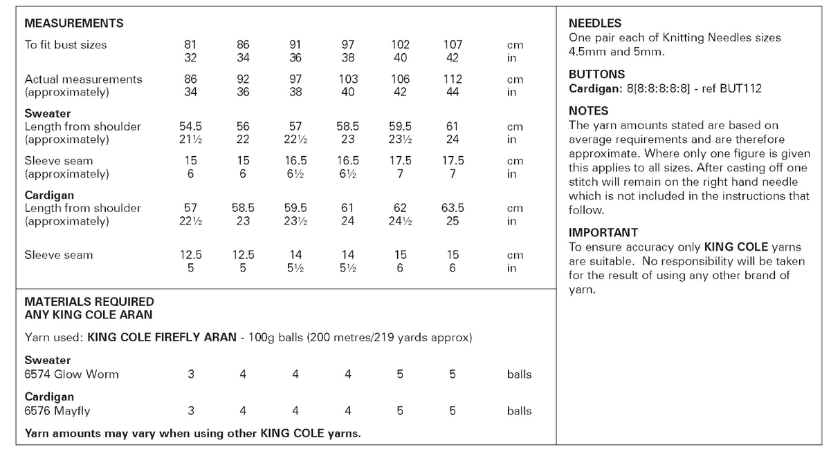 King Cole Firefly Aran Sweater and Cardigan Pattern 6444