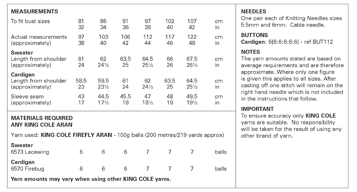 King Cole Firefly Aran Sweater and Cardigan Pattern 6447