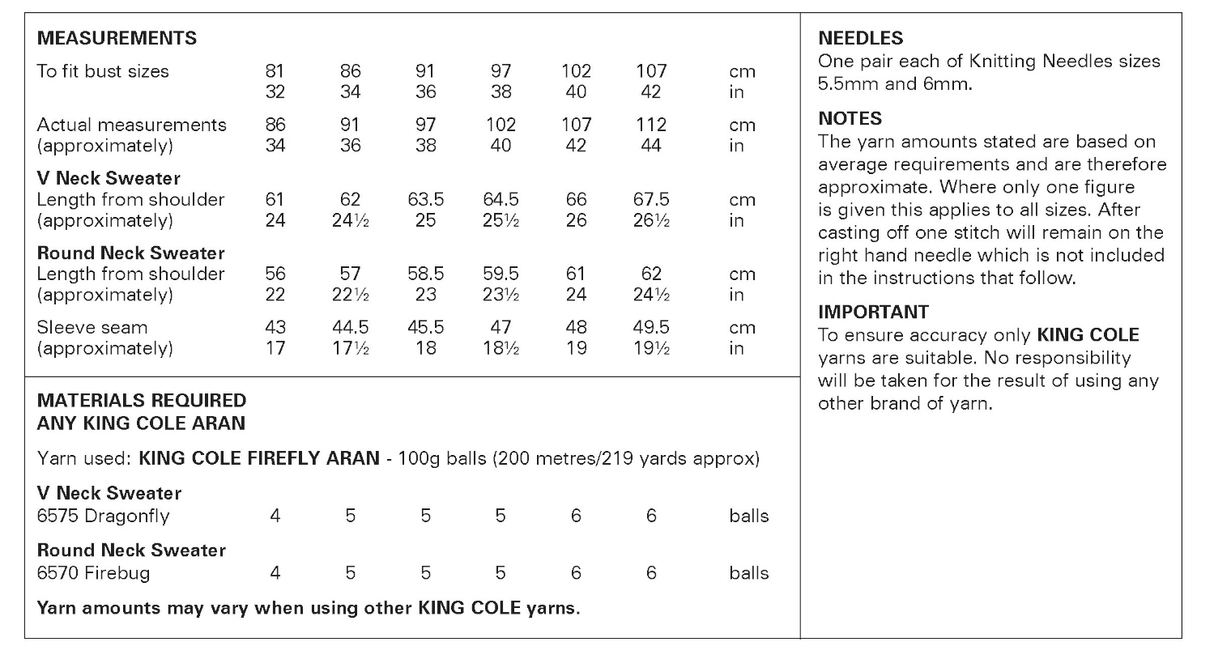 King Cole Firefly Aran Sweaters Pattern 6448