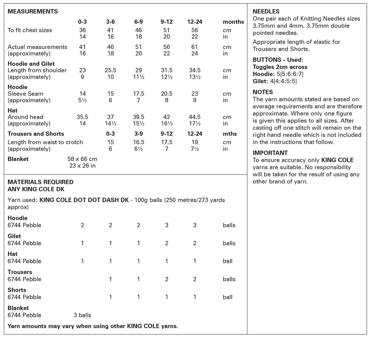 King Cole Dot Dot Dash DK Baby Set Hoodie, Gilet, Hat & Blanket Pattern 6534