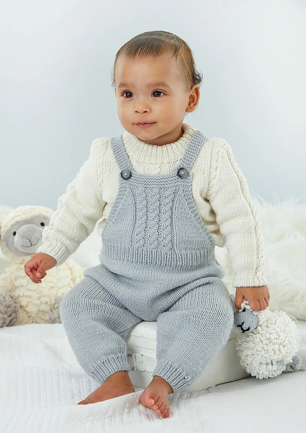 King Cole Little Lamb DK Dungarees, Pinafore, Sweater, Cardigan and Bootees Pattern 6549