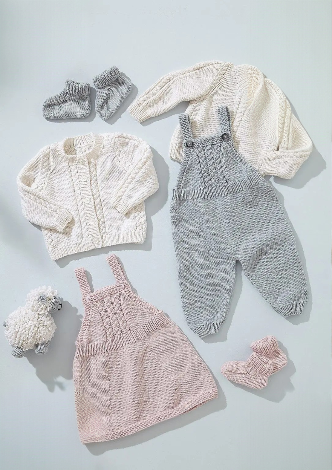 King Cole Little Lamb DK Dungarees, Pinafore, Sweater, Cardigan and Bootees Pattern 6549