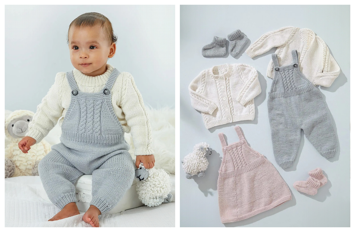 King Cole Little Lamb DK Dungarees, Pinafore, Sweater, Cardigan and Bootees Pattern 6549