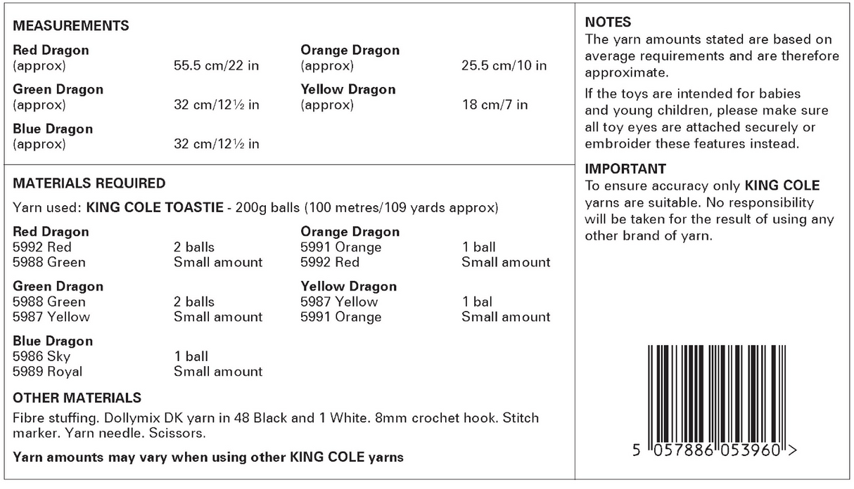 King Cole Toastie Dragons Crochet Pattern 9204