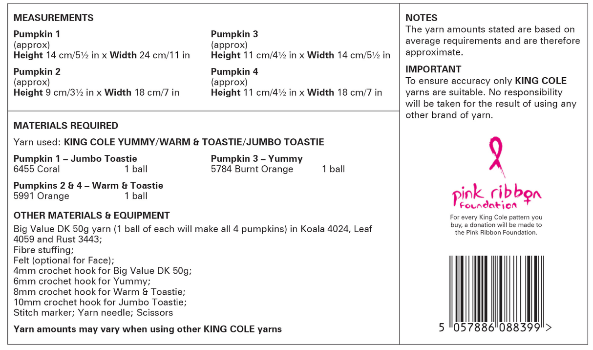 King Cole Toastie/Jumbo Toastie Pumpkins Crochet Pattern 9219