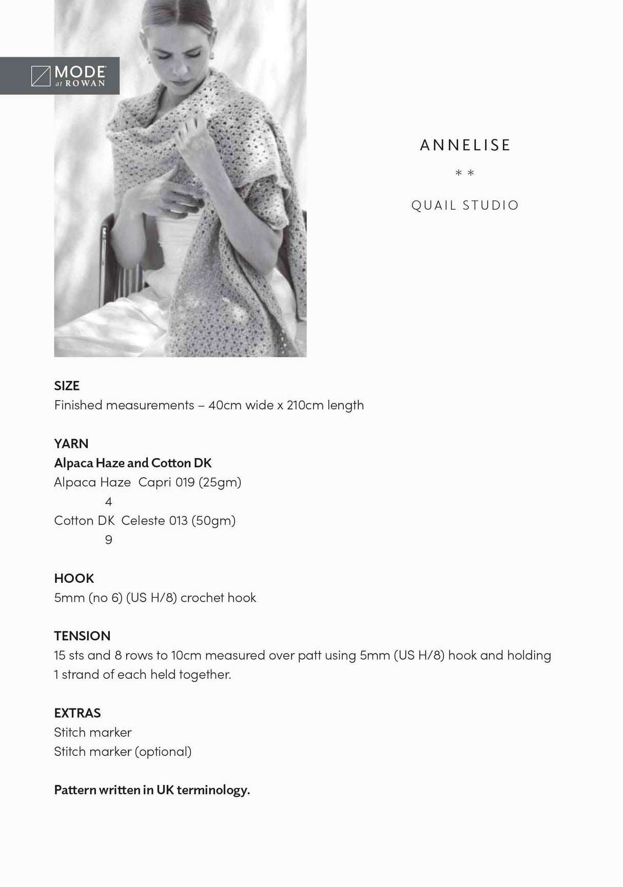 Rowan Mode Annelise Crochet Scarf Pattern by Quail Studio