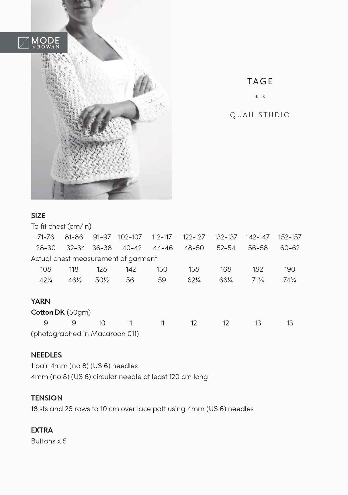 Rowan Mode Tage Cardigan Pattern by Quail Studio