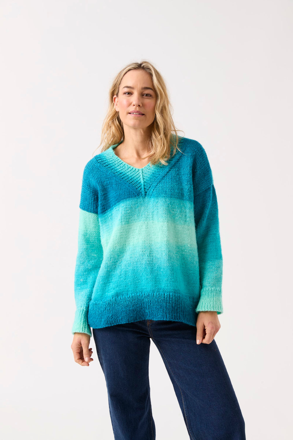 Sirdar Jewelspun Ombre Aran Truly Madly Deep V Neck Sweater Pattern 10845